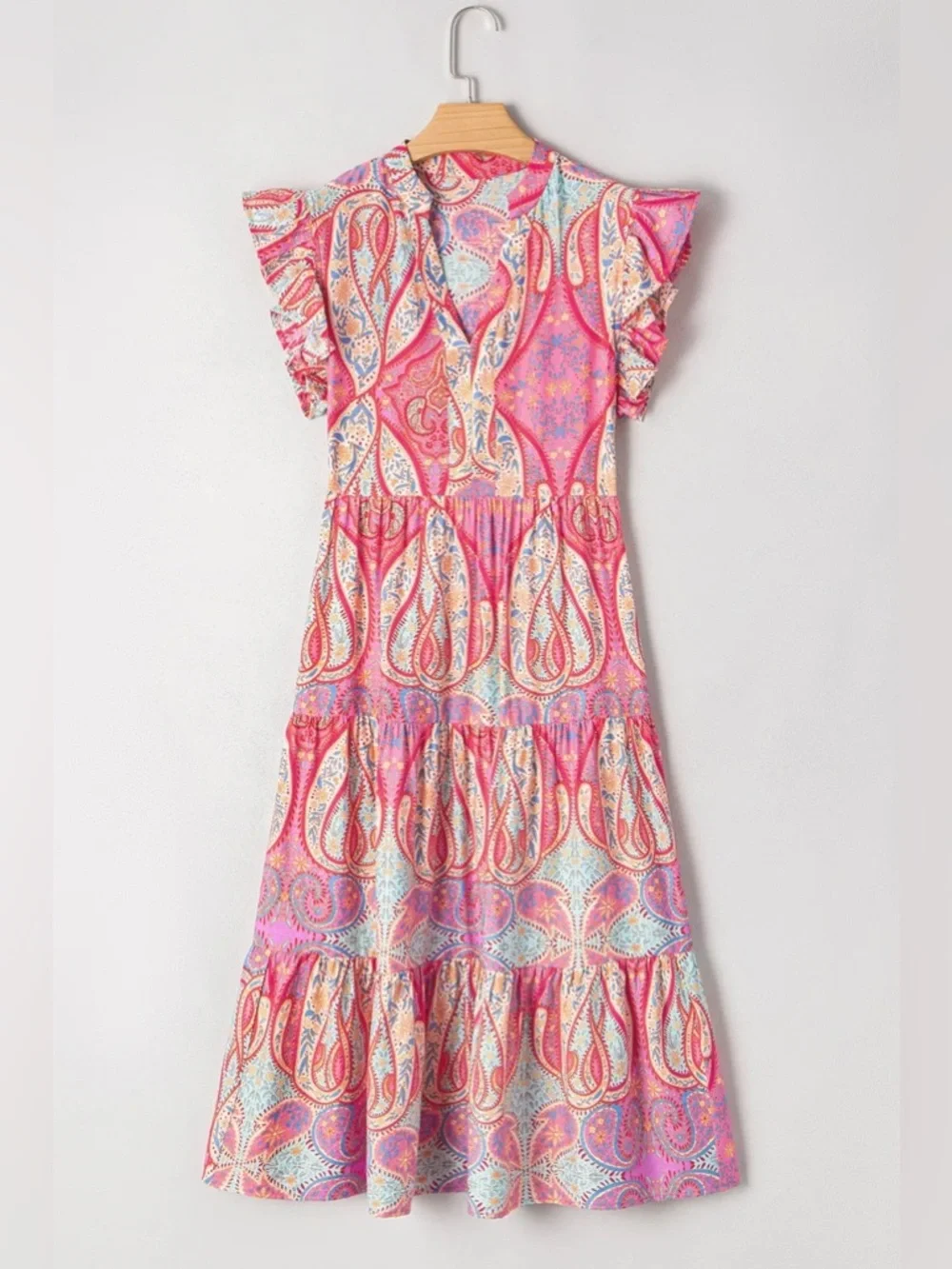 Tribal Paisley Print Ruffled Sleeve Notch Neck Midi Dress- Charming Charlie Med - Picture 1 of 8